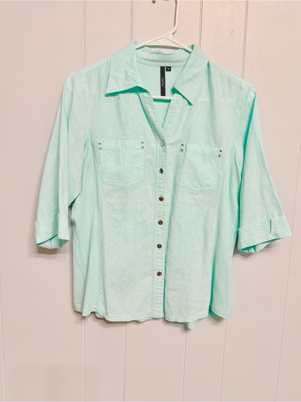 #19) Light Mint Button-Front Shirt with Chest Pockets